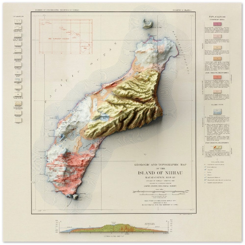 Niihau, Hawaii Geology - Shaded Relief Map (1945)