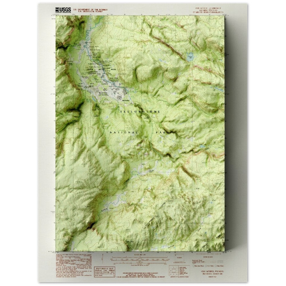 Old Faithful, Wyoming - Shaded Relief Map (1986)