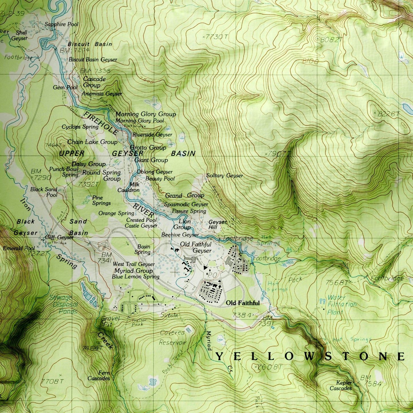 Old Faithful, Wyoming - Shaded Relief Map (1986)