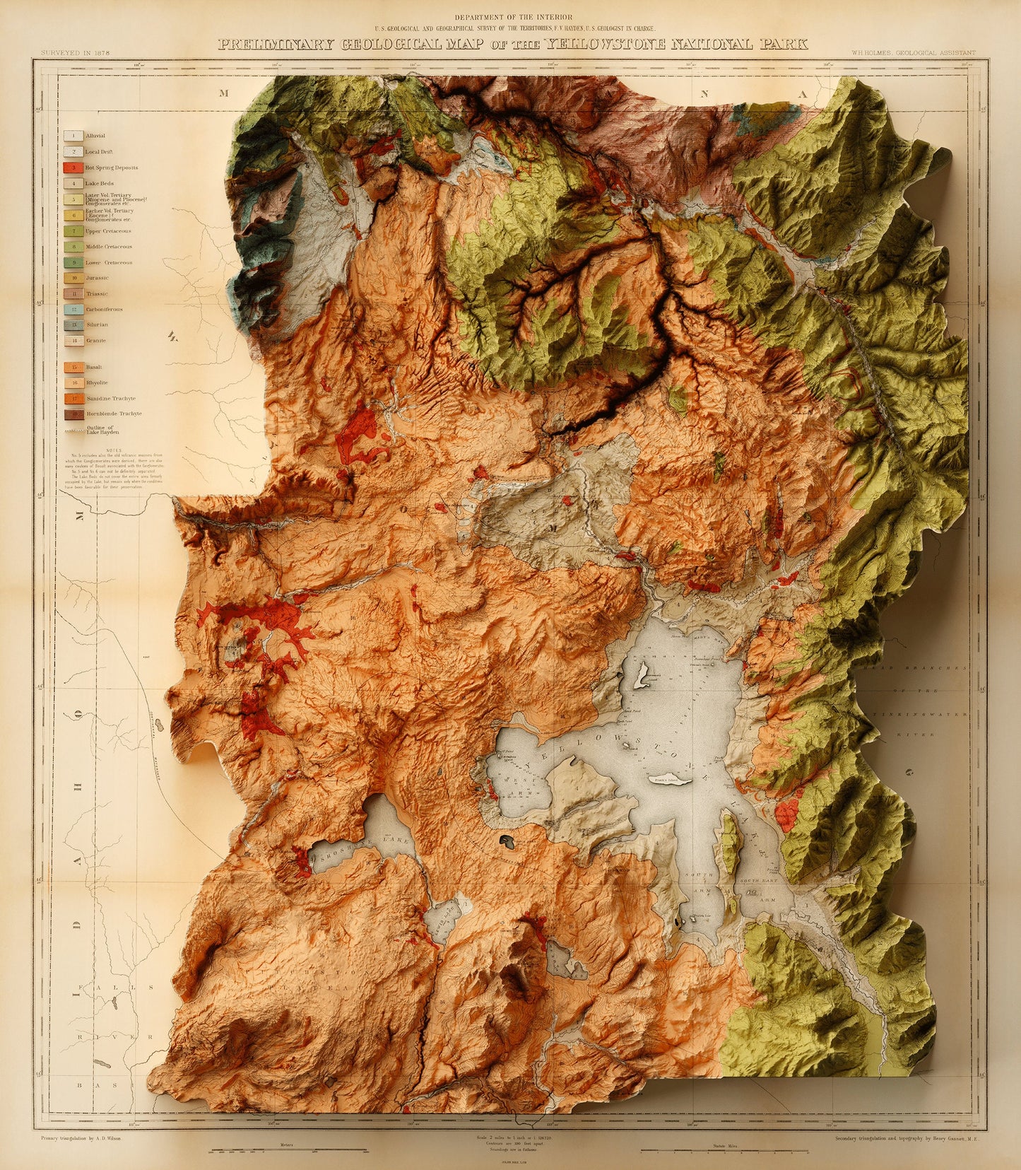 Yellowstone National Park - Shaded Relief Map (1878)