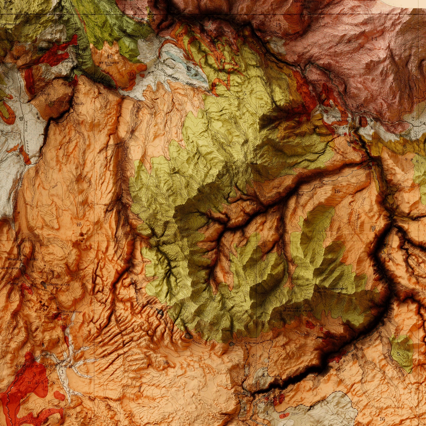 Yellowstone National Park - Shaded Relief Map (1878)