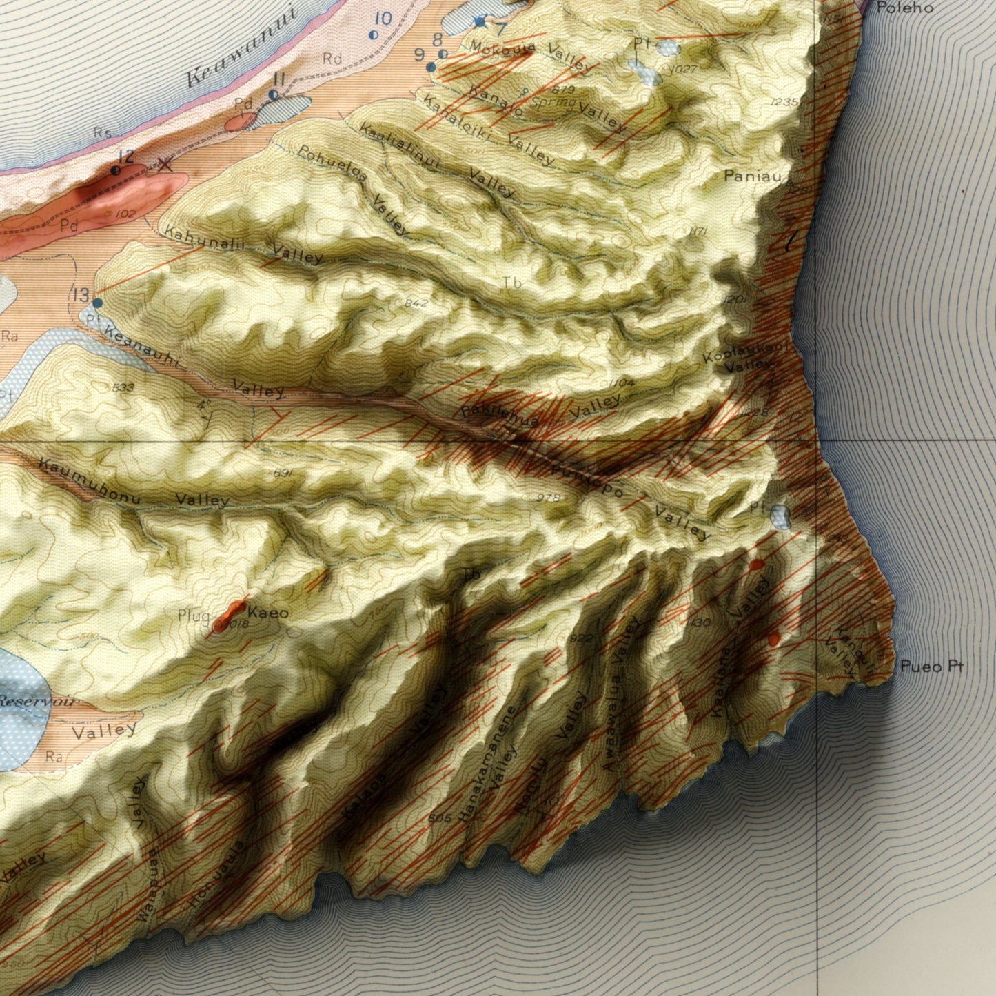 Niihau, Hawaii Geology - Shaded Relief Map (1945)