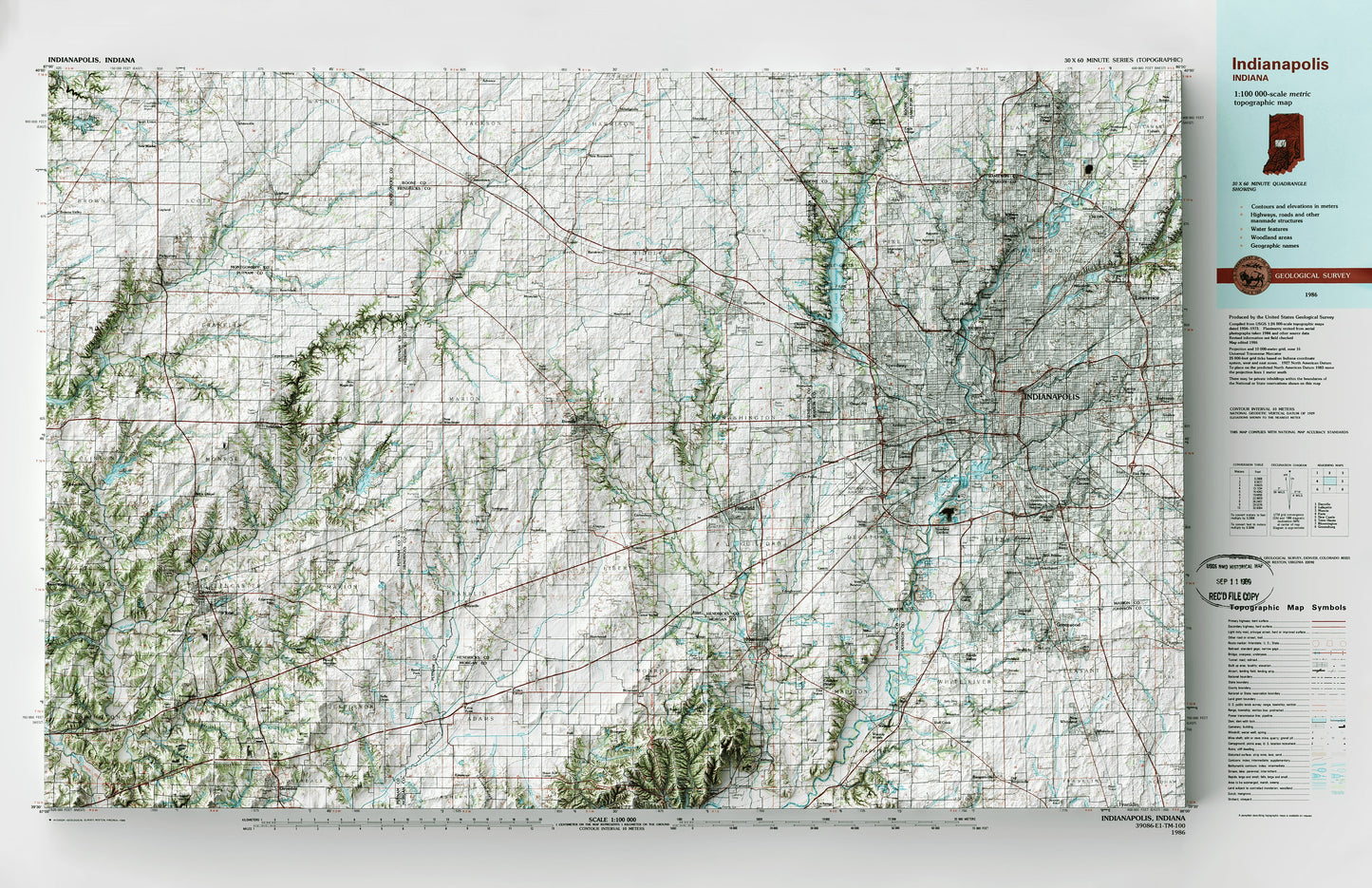 Indianapolis, Indiana - Shaded Relief Map (1986)