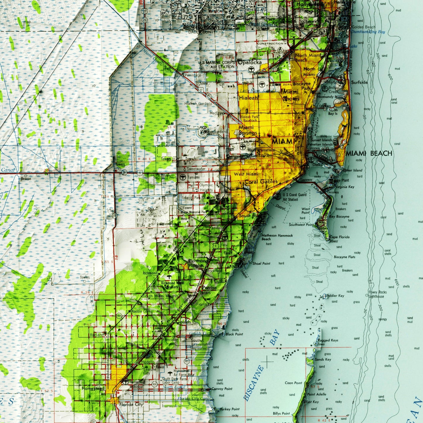 Miami, Florida - Shaded Relief Map (1958)