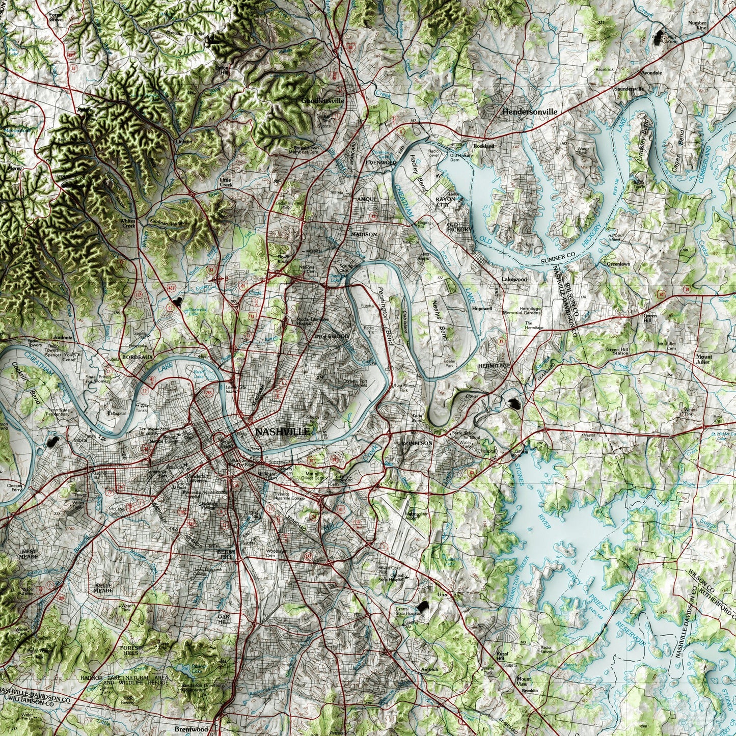 Nashville, Tennessee - Shaded Relief Map (1984)