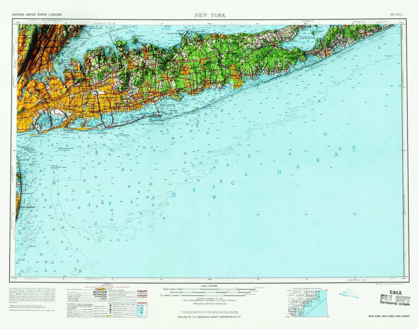 Long Island, New York- Shaded Relief Map (1969)