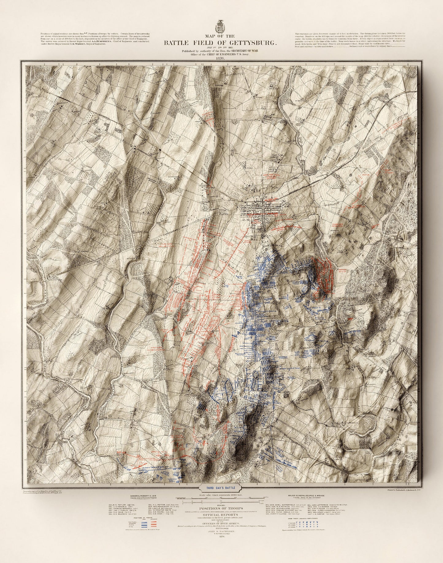 Battle of Gettysburg Vintage Map: Third Day's Battle - Shaded Relief (1876)