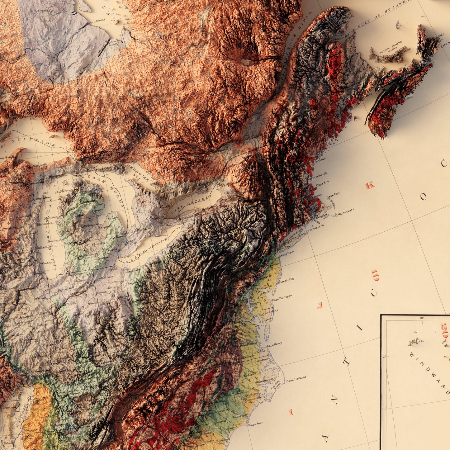 North America Geology - Shaded Relief Map (1911)