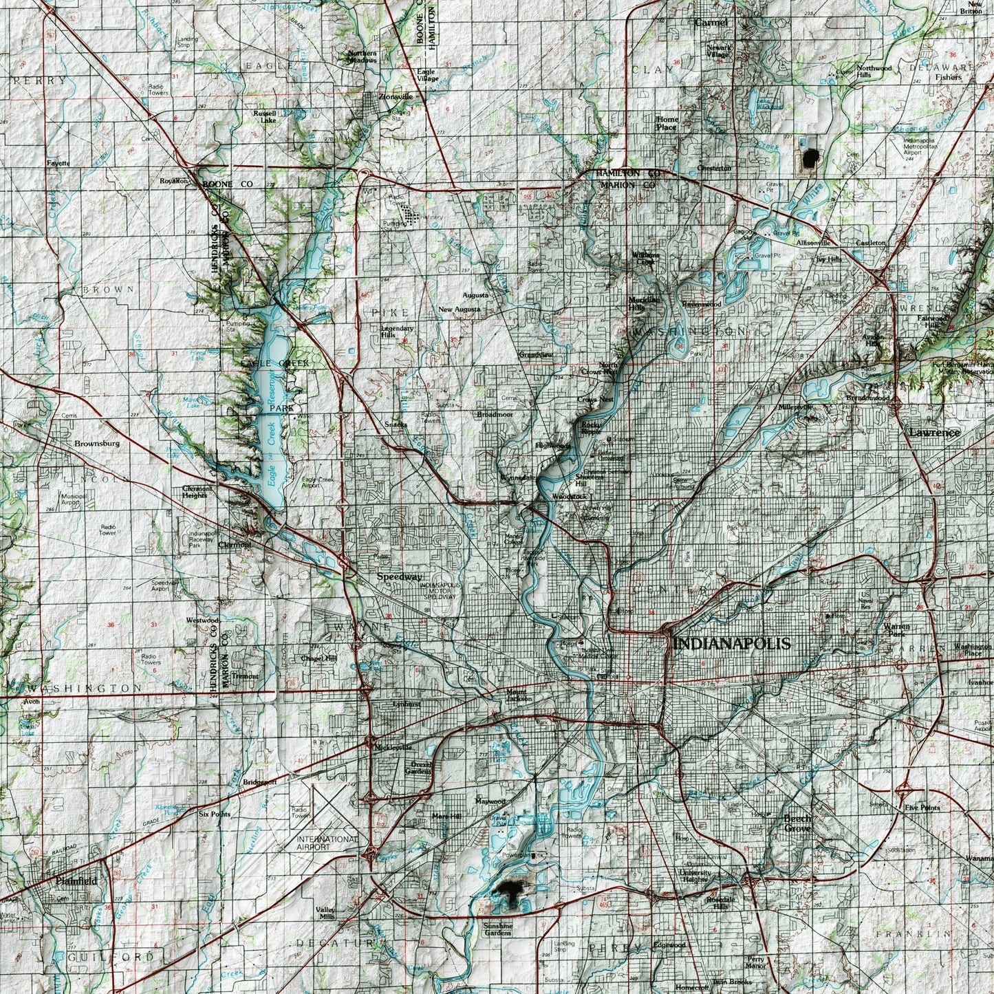 Indianapolis, Indiana - Shaded Relief Map (1986)