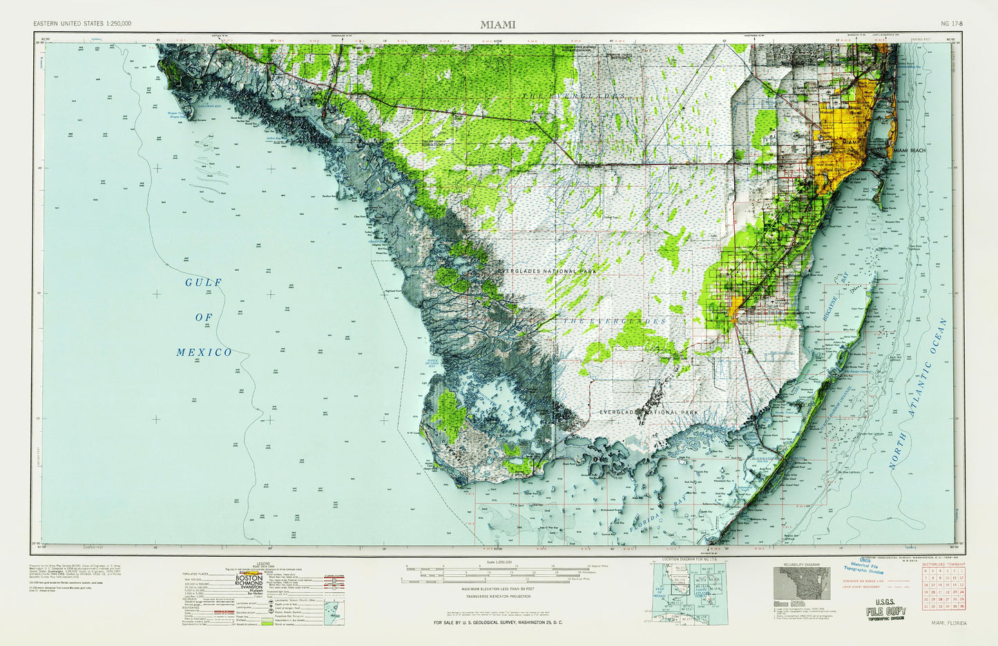 Miami, Florida - Shaded Relief Map (1958)