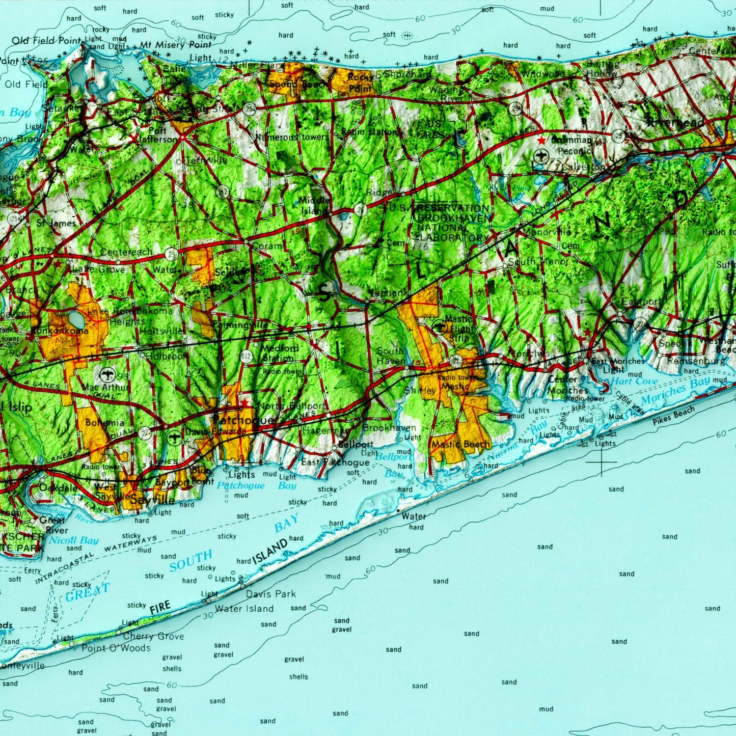 Long Island, New York- Shaded Relief Map (1969)