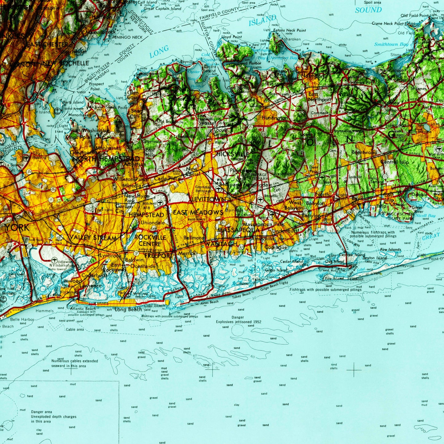 Long Island, New York- Shaded Relief Map (1969)