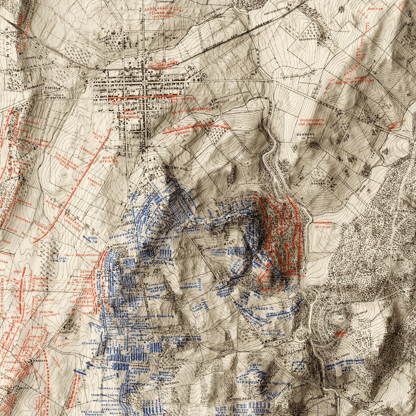 Battle of Gettysburg Vintage Map: Third Day's Battle - Shaded Relief (1876)