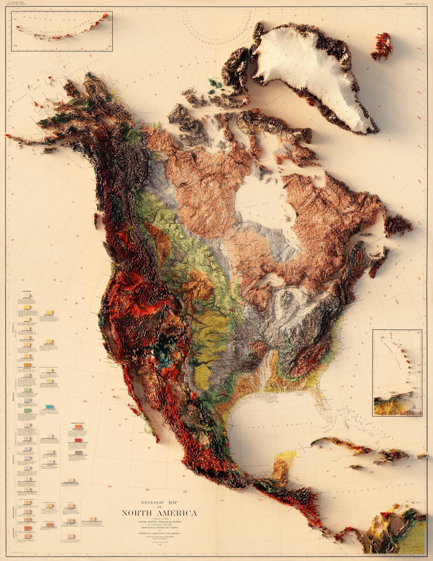 North America Geology - Shaded Relief Map (1911)