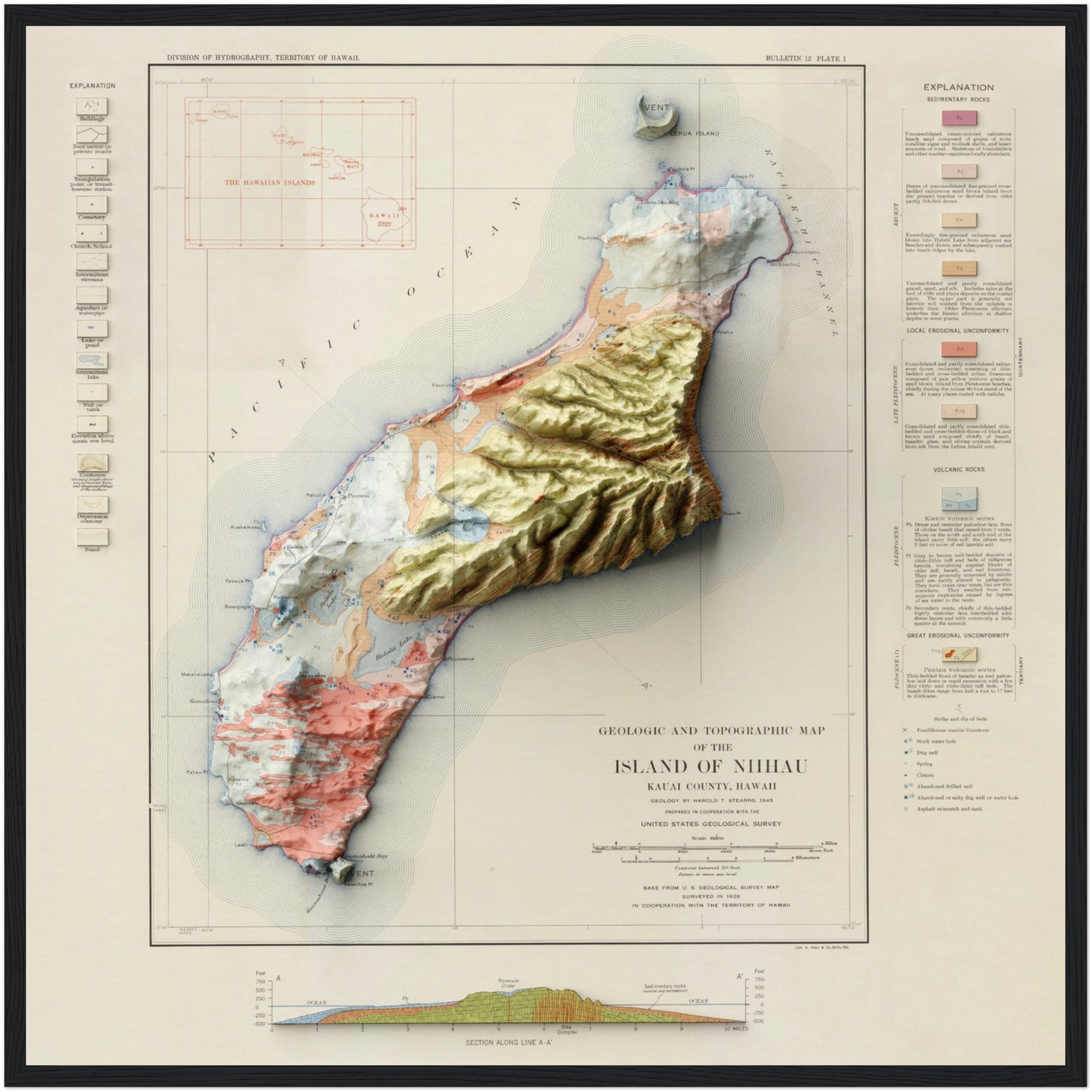 Niihau, Hawaii Geology - Shaded Relief Map (1945)