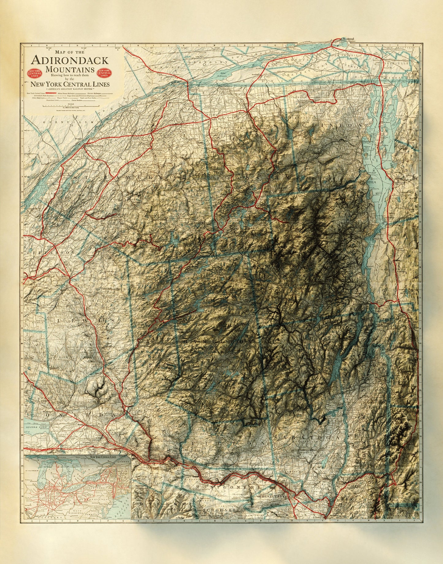 Adirondack Mountains - Shaded Relief Map (1917)