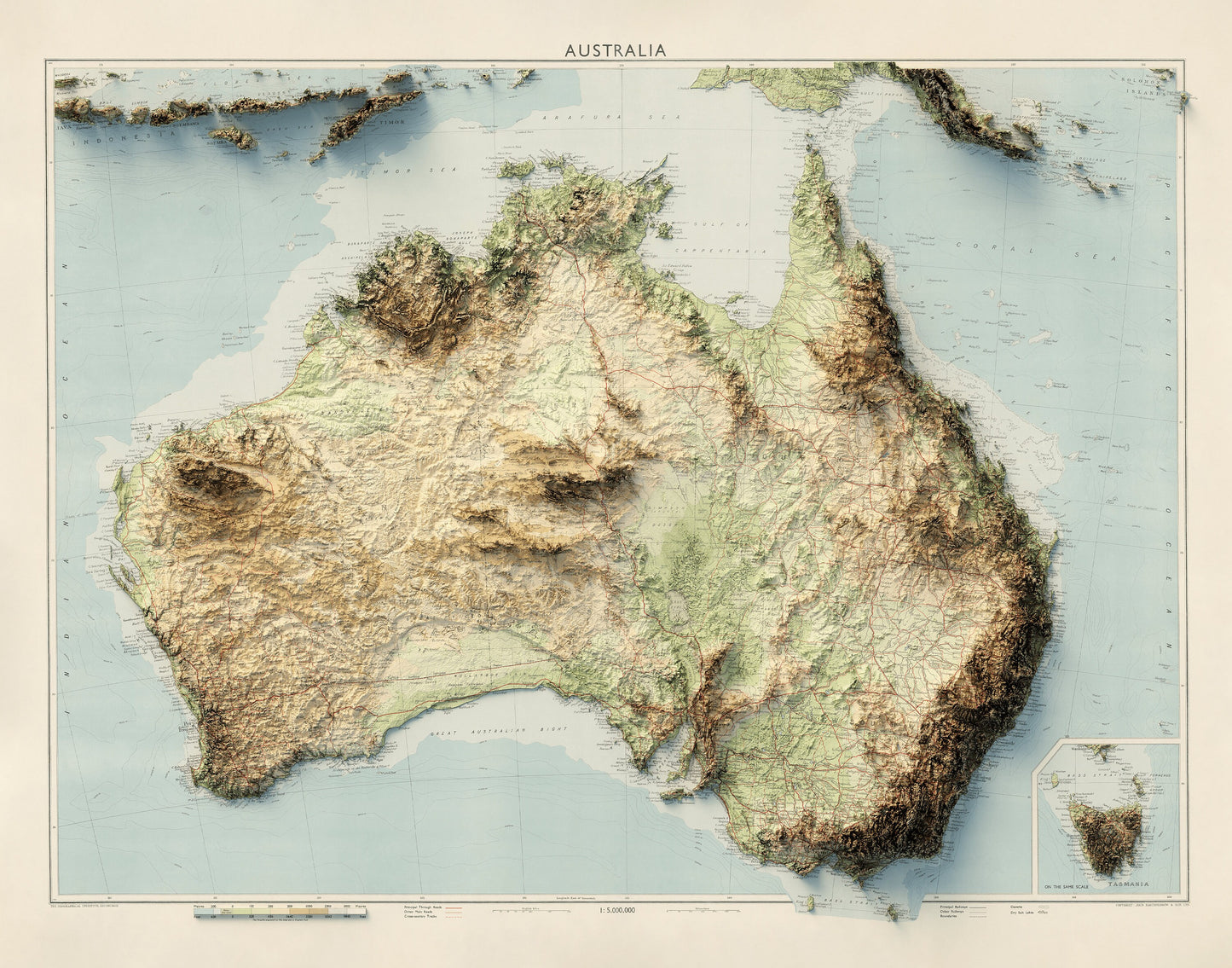 Australia Topography - Shaded Relief Map (1956)