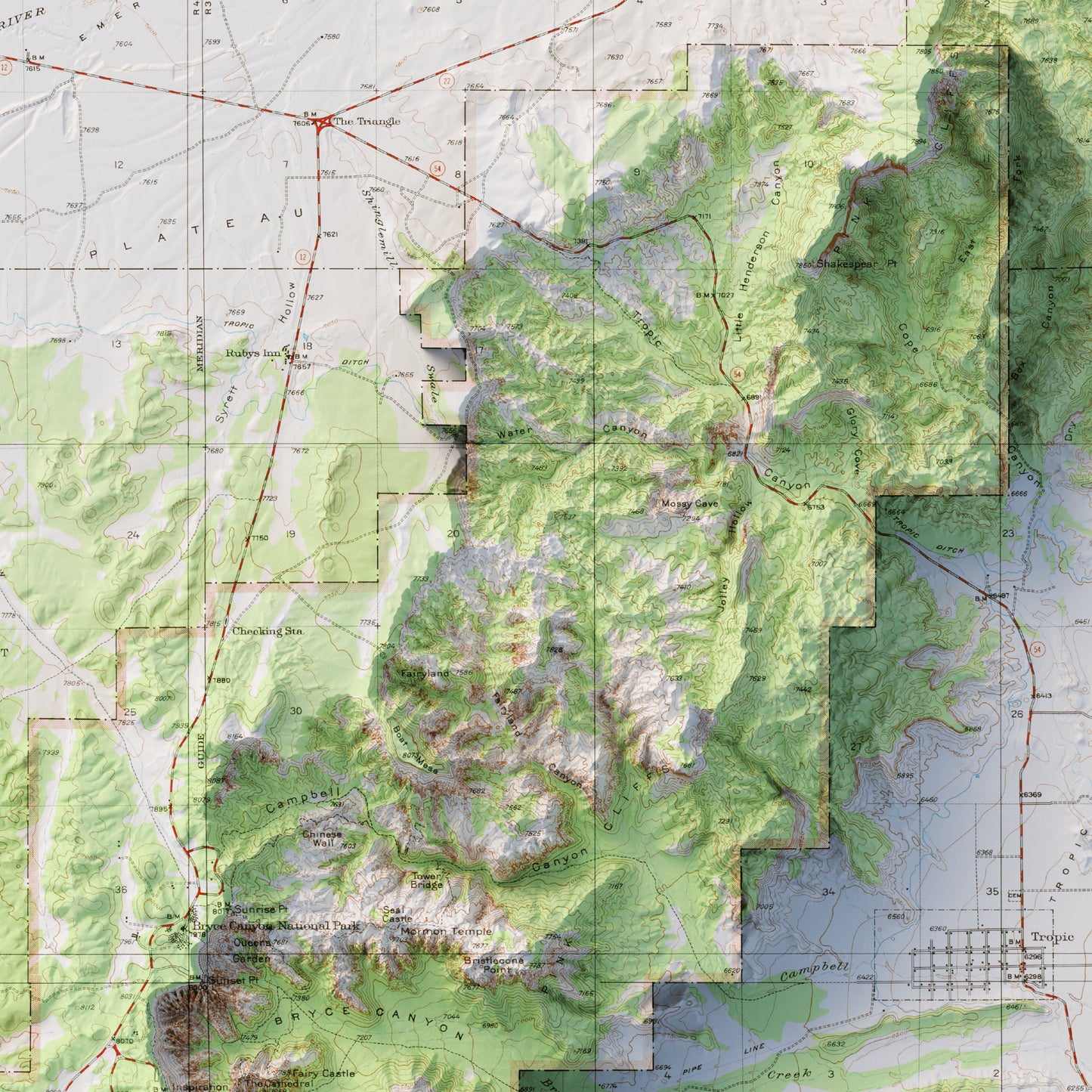 Bryce Canyon National Park - Shaded Relief Map (1972)