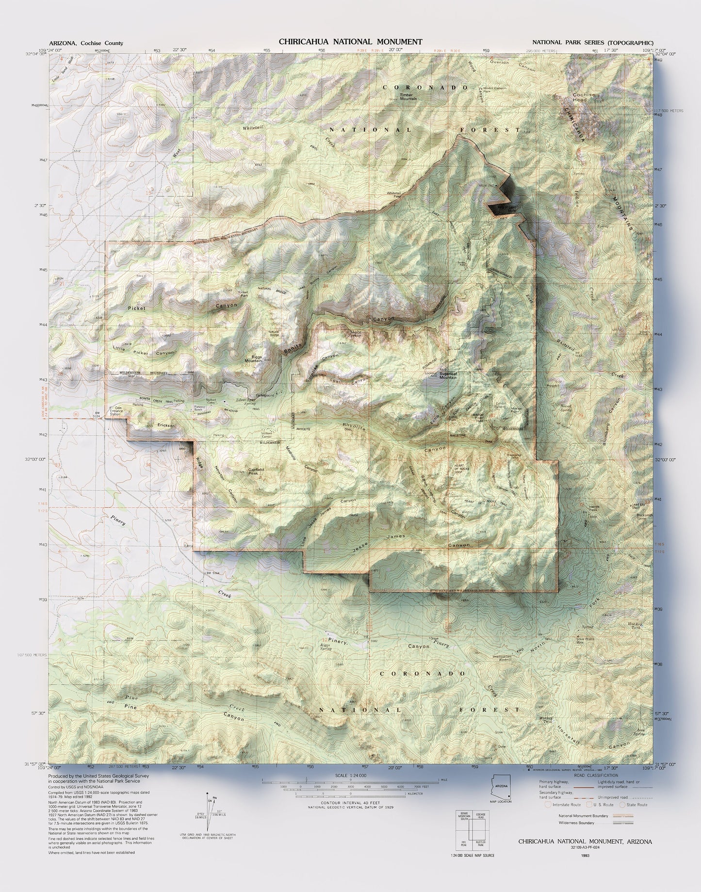 Chiricahua National Monument - Shaded Relief Map (1993)