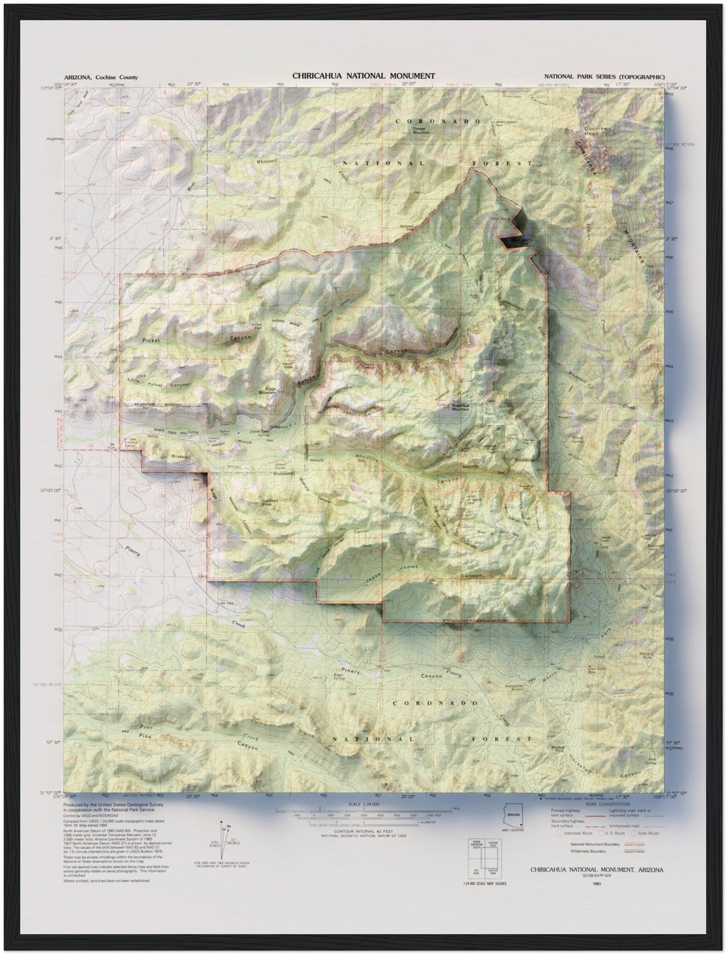 Chiricahua National Monument - Shaded Relief Map (1993)