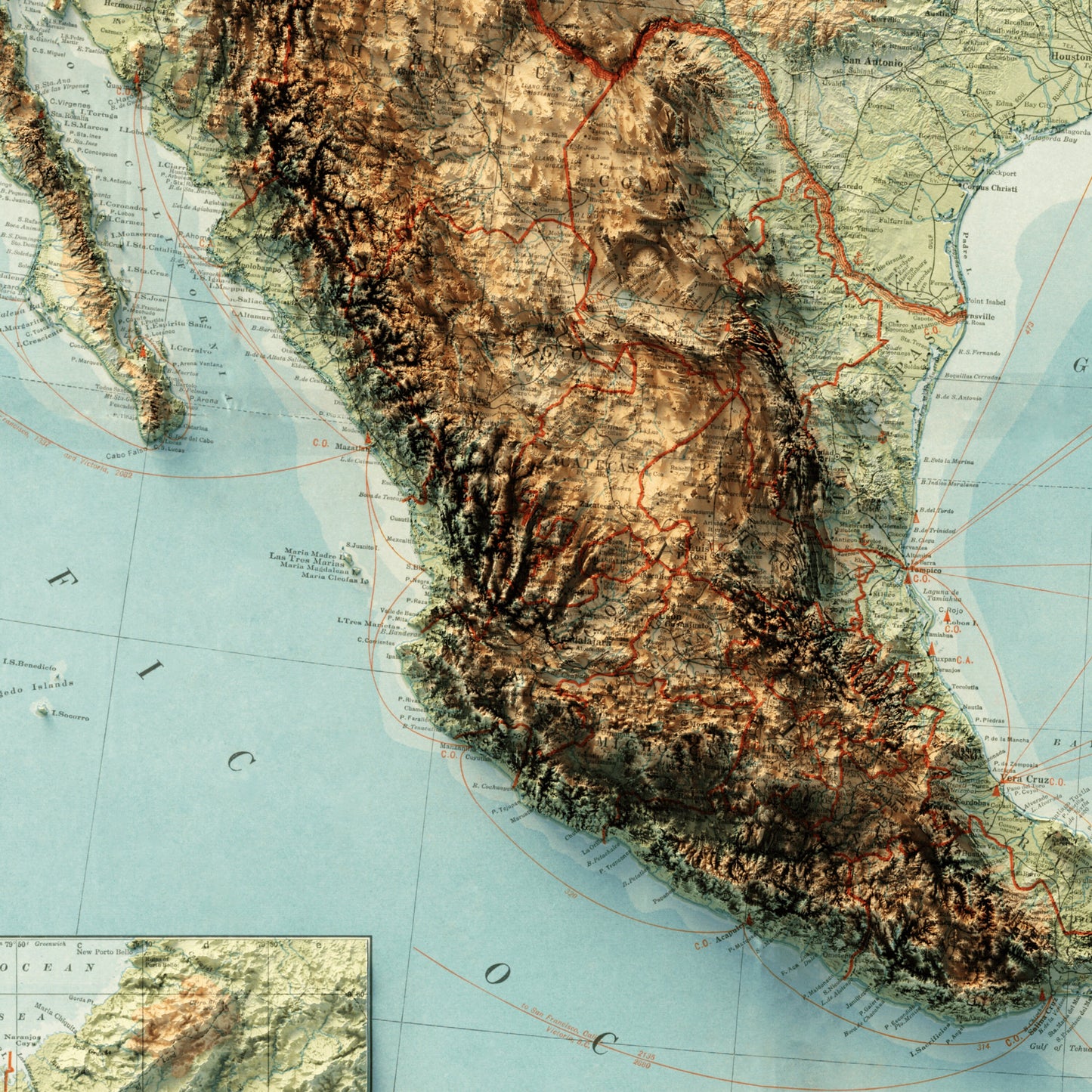 Caribbean & Central America Topography - Shaded Relief Map (1922)