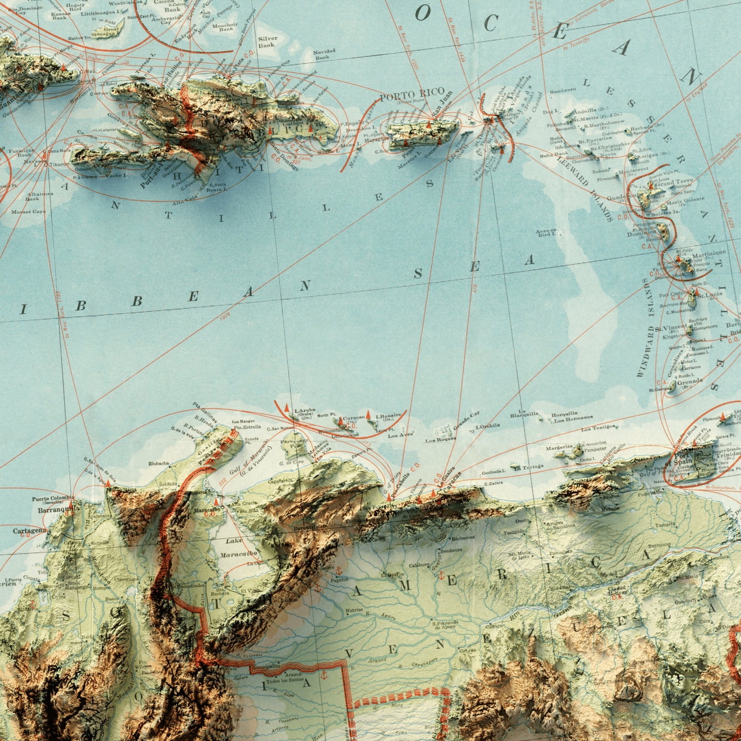 Caribbean & Central America Topography - Shaded Relief Map (1922)