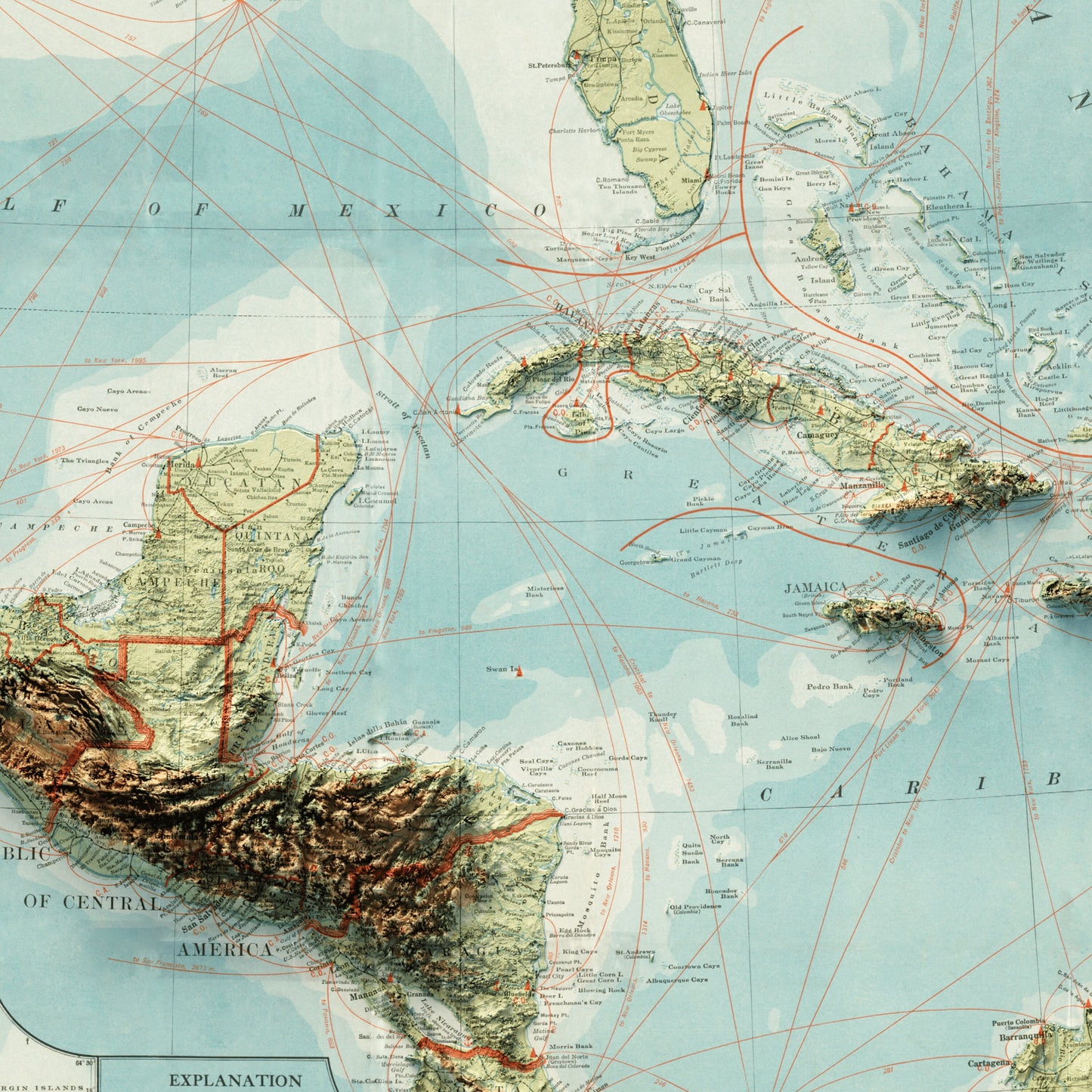 Caribbean & Central America Topography - Shaded Relief Map (1922)