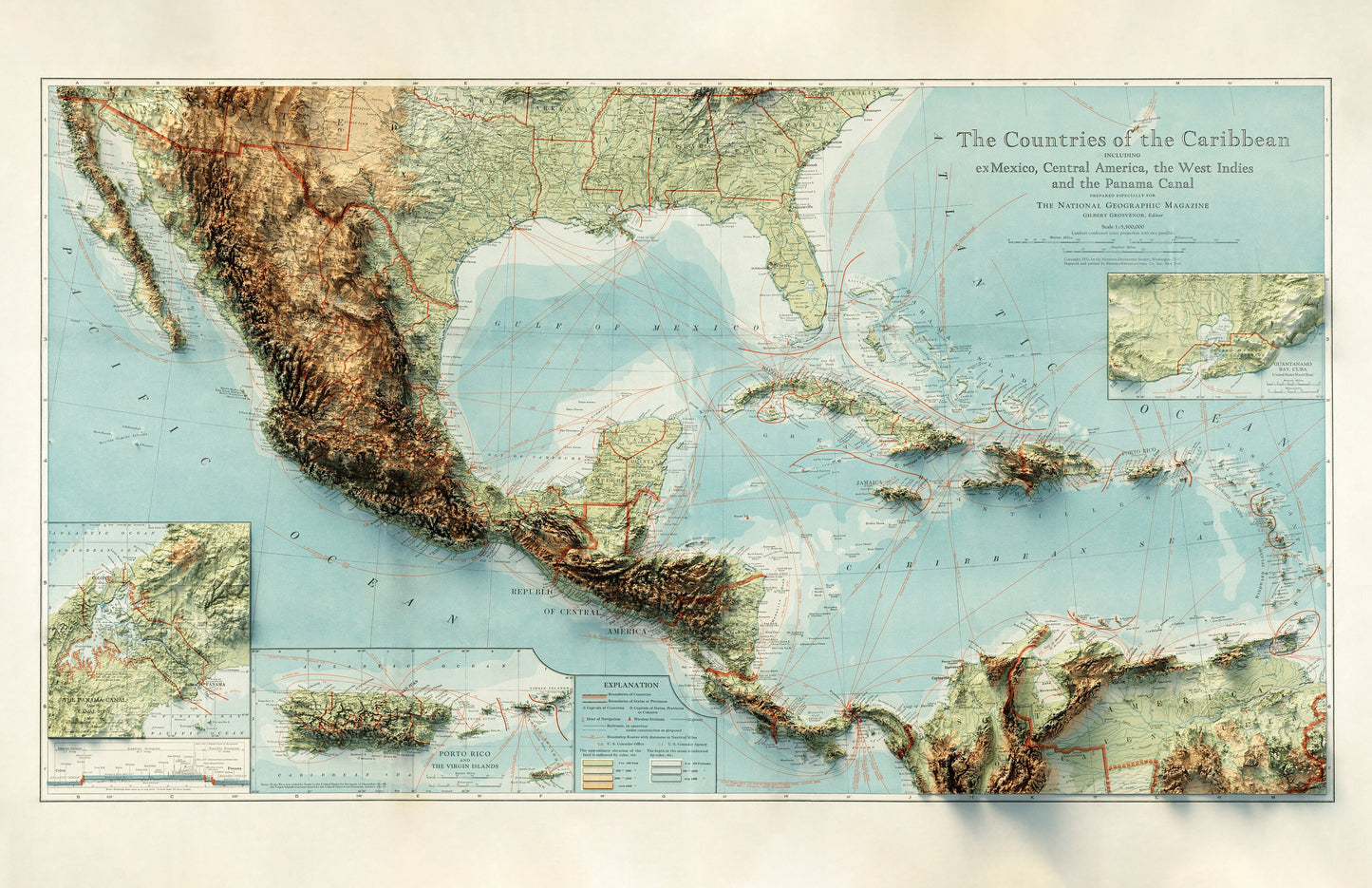 Caribbean & Central America Topography - Shaded Relief Map (1922)