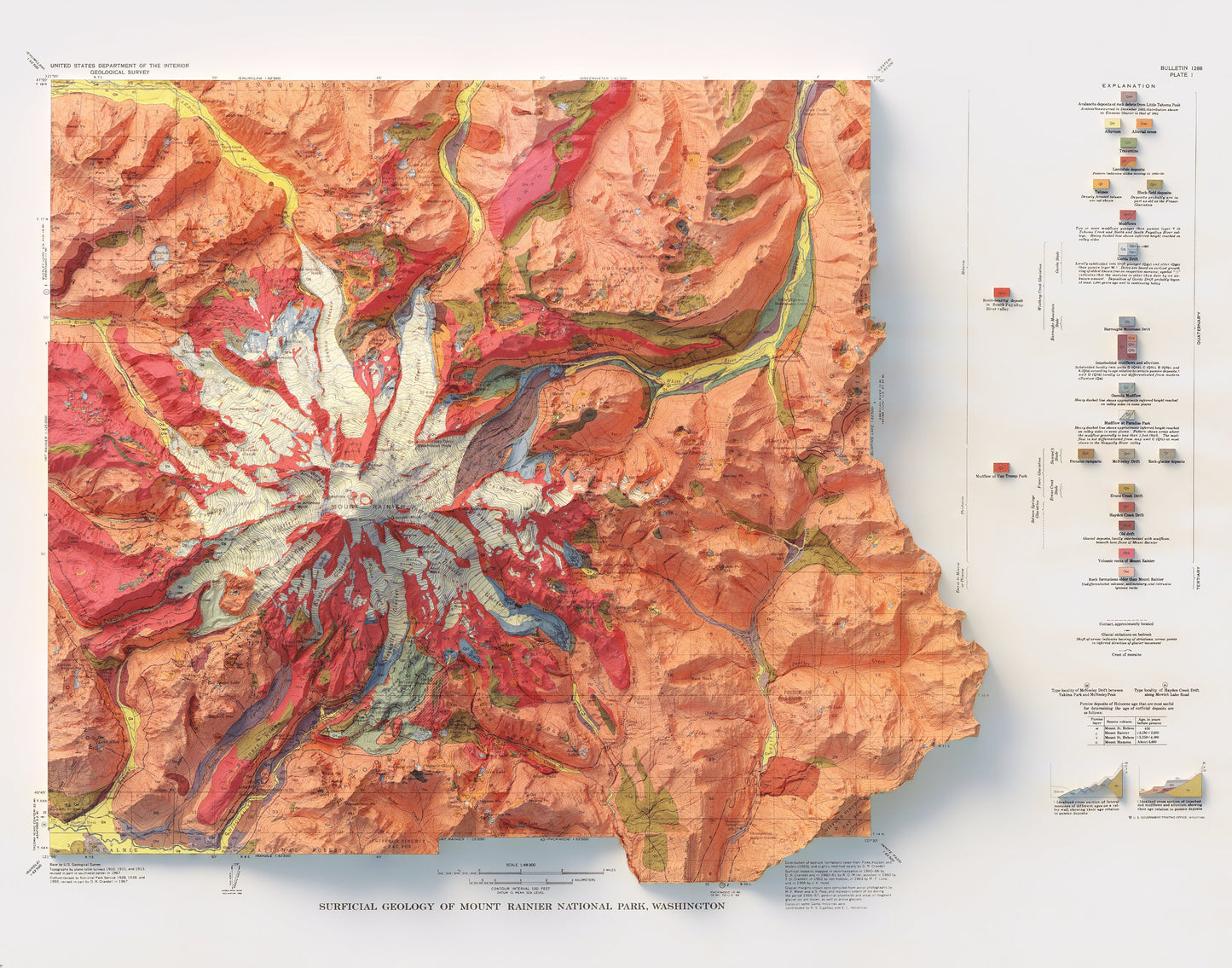 Mount Rainier National Park Geology - Shaded Relief Map (1969)