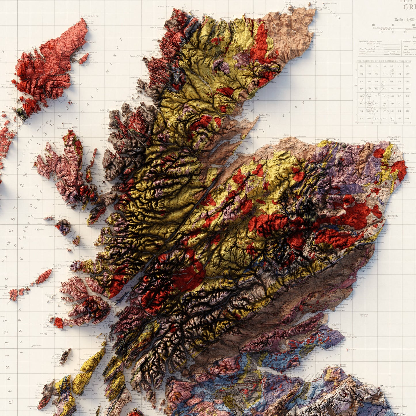 Great Britain Geology - Shaded Relief Map (1957)