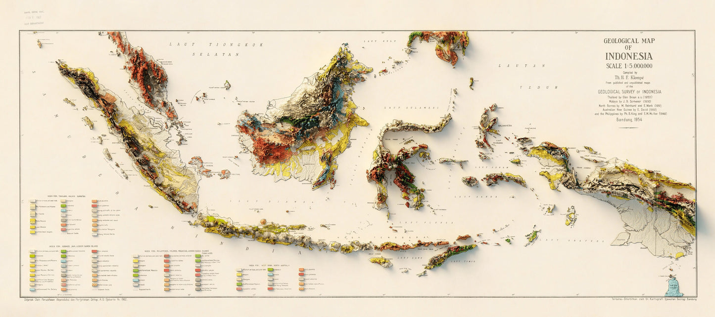 Indonesia Geology - Shaded Relief Map (1954)