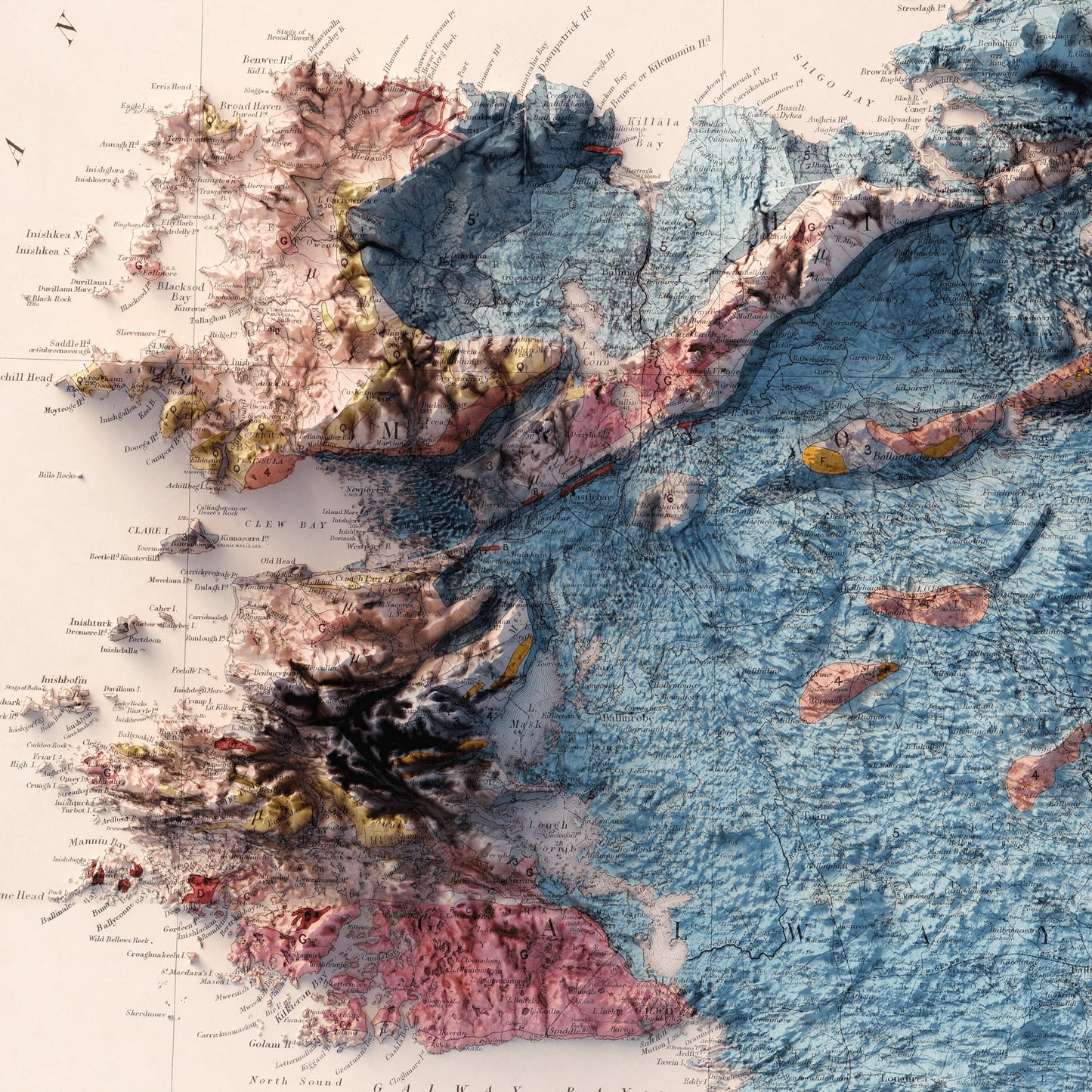 Ireland Geology - Shaded Relief Map (1878)