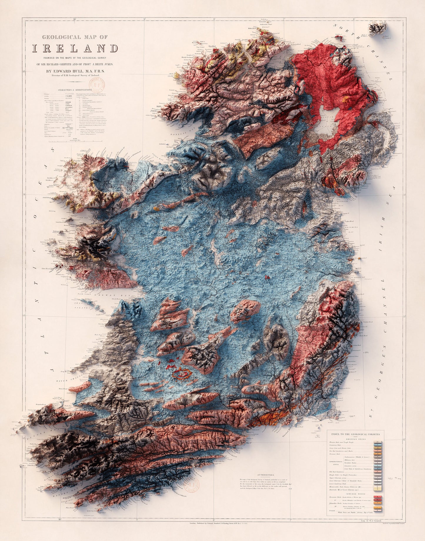 Ireland Geology - Shaded Relief Map (1878)