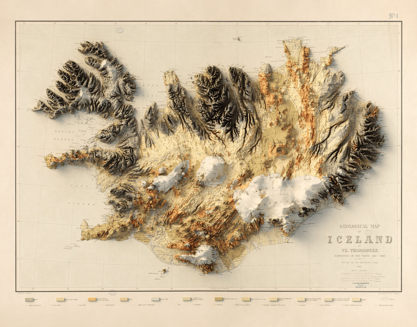 Iceland Geology - Shaded Relief Map (1901)