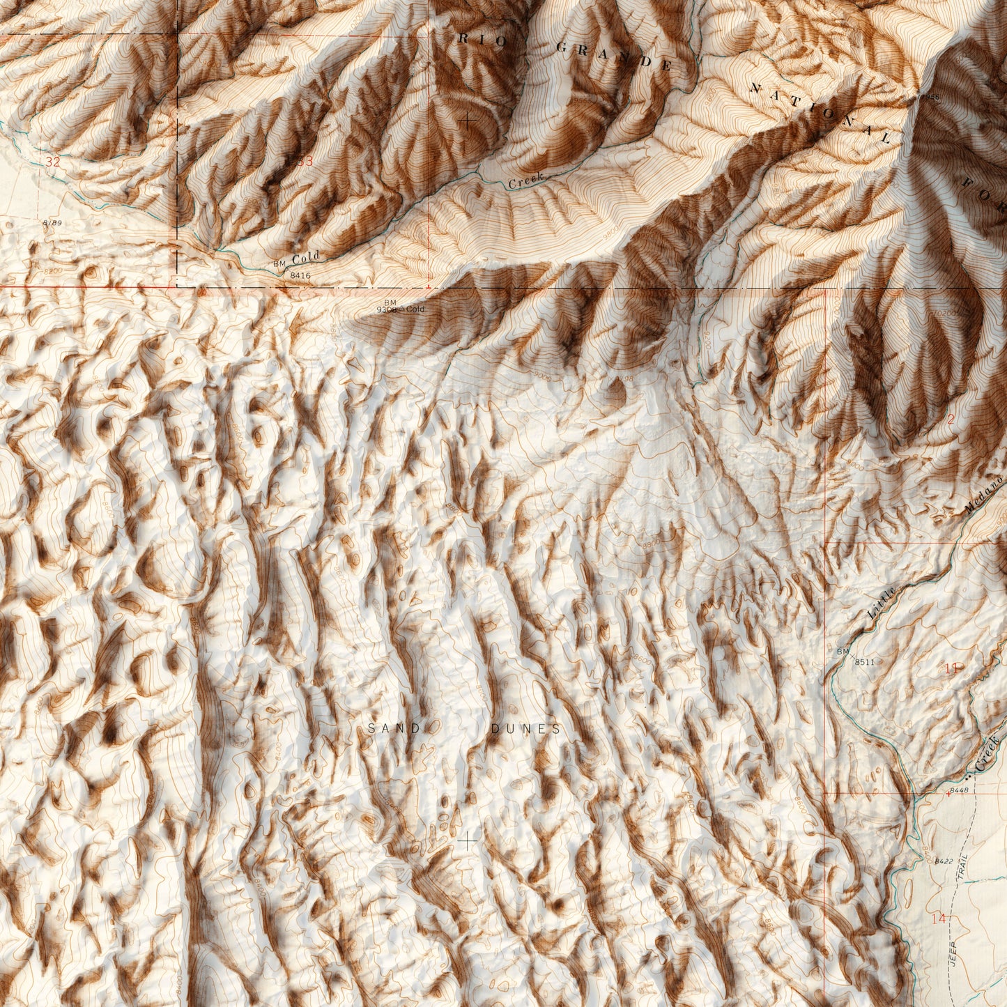 Great Sand Dunes National Monument - Shaded Relief Map (1967)