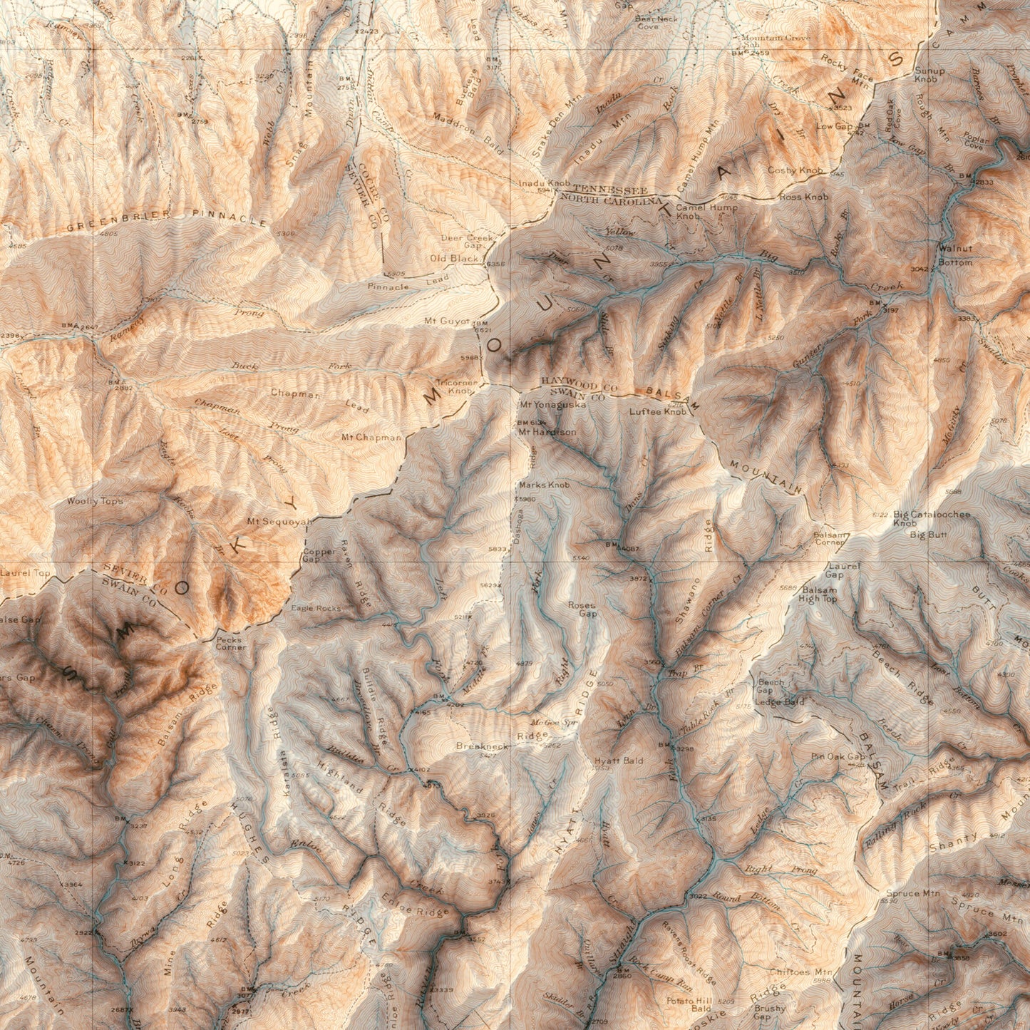 The Great Smoky Mountains National Park - Shaded Relief Map (1912)