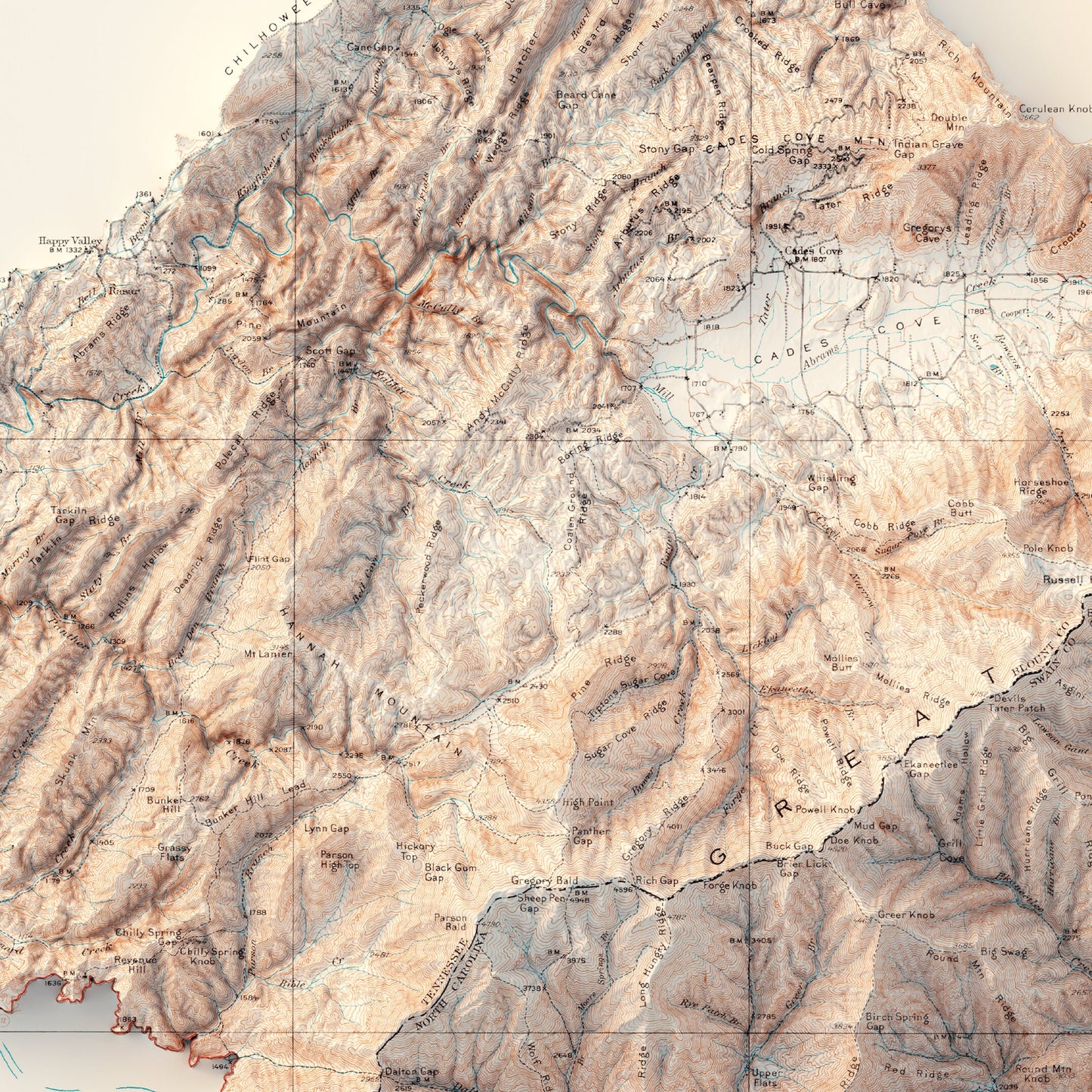 The Great Smoky Mountains National Park - Shaded Relief Map (1912)