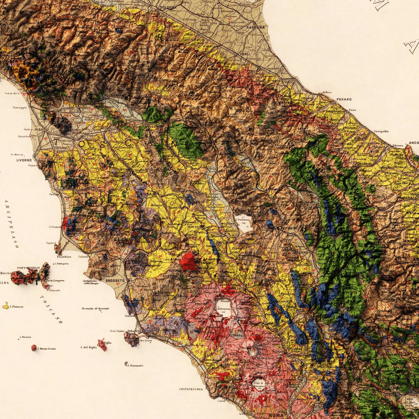 Italy Geology - Shaded Relief Map (1889)