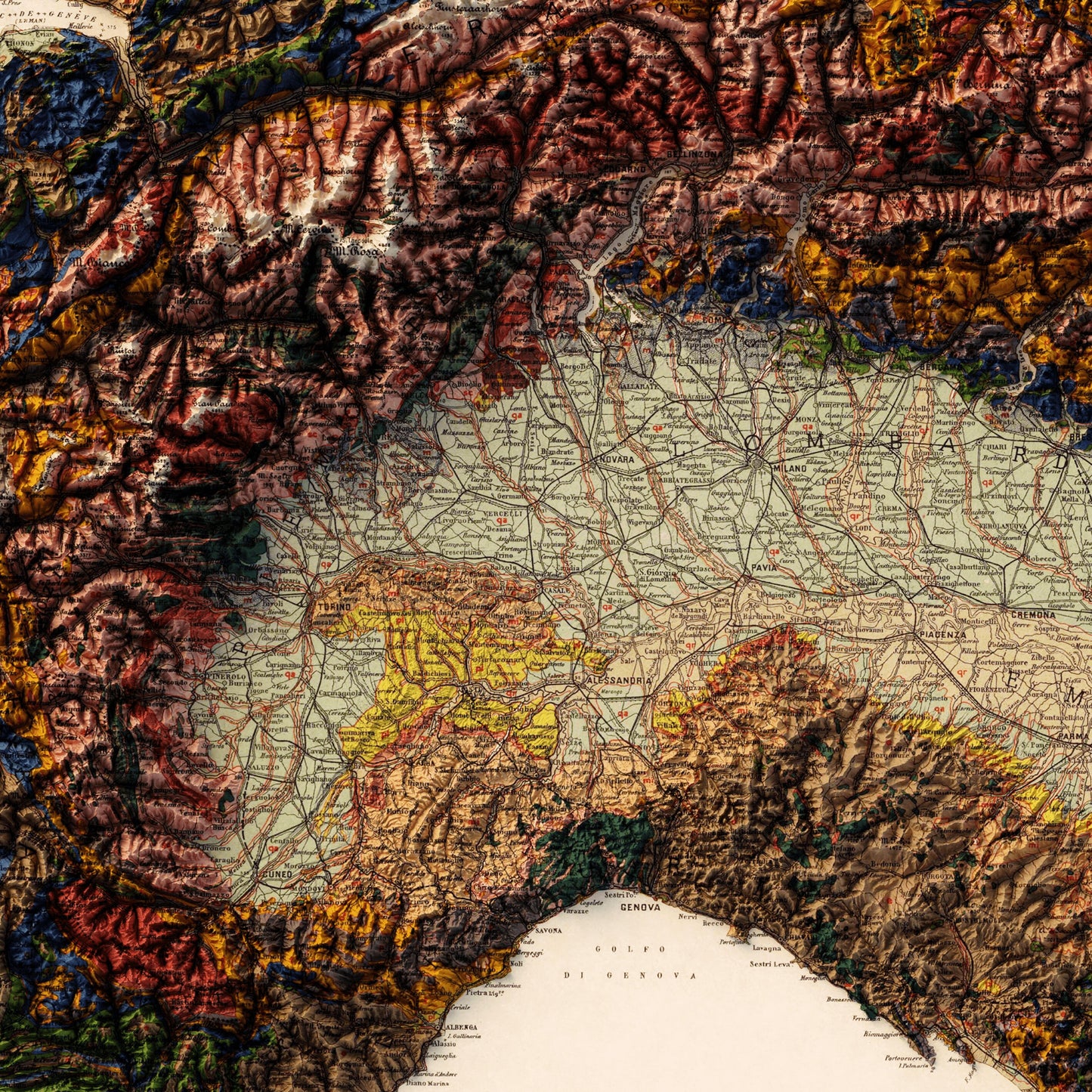 Italy Geology - Shaded Relief Map (1889)