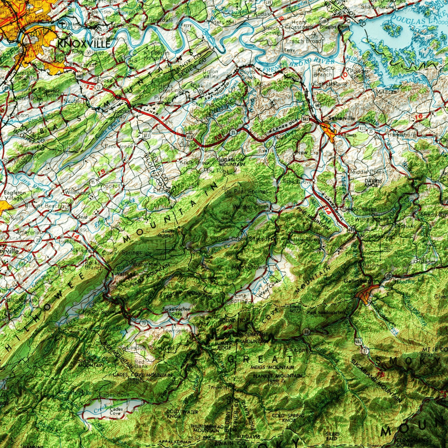 Knoxville, Tennessee - Shaded Relief Map (1957)