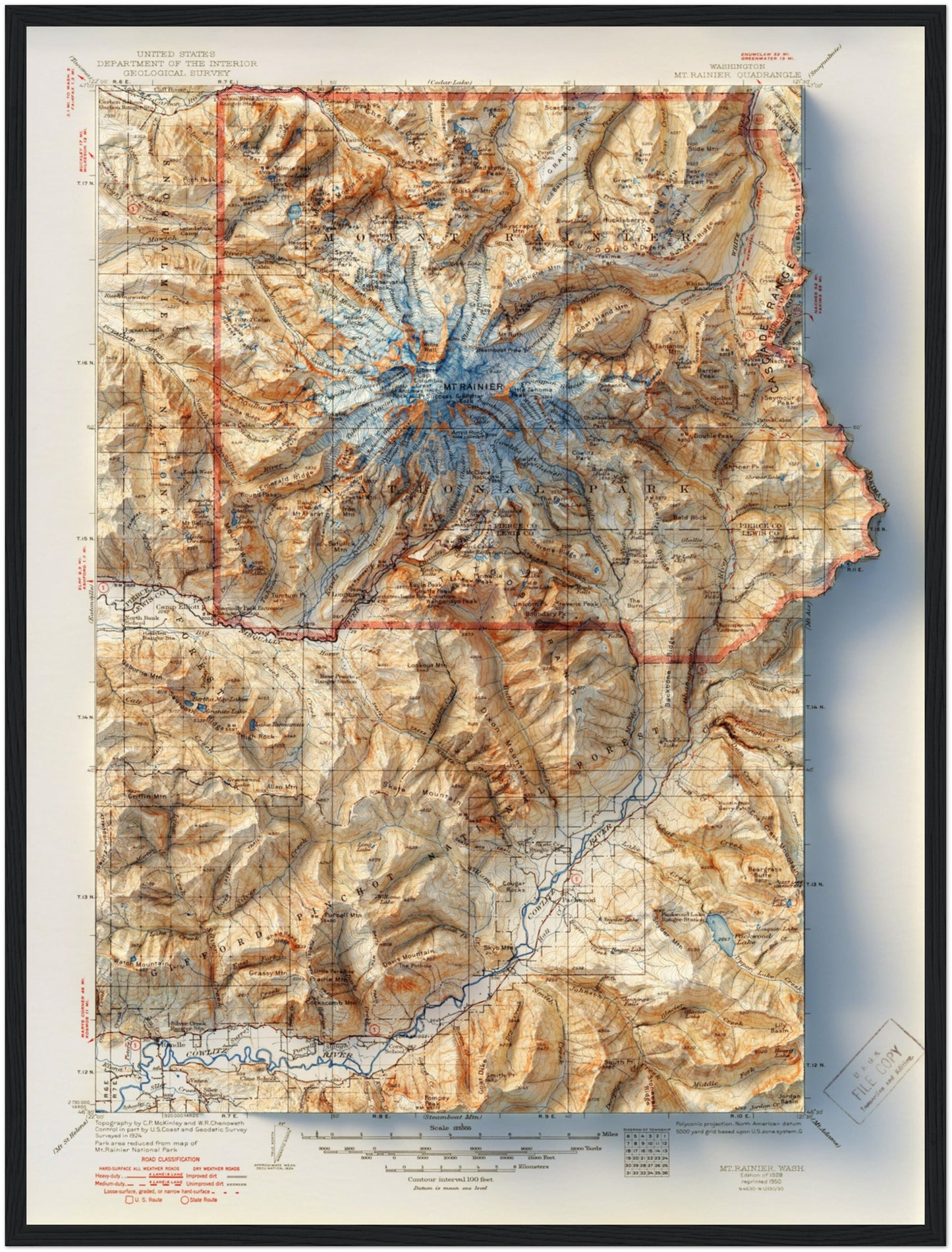 Mount Rainier Topography - Shaded Relief Map (1928)