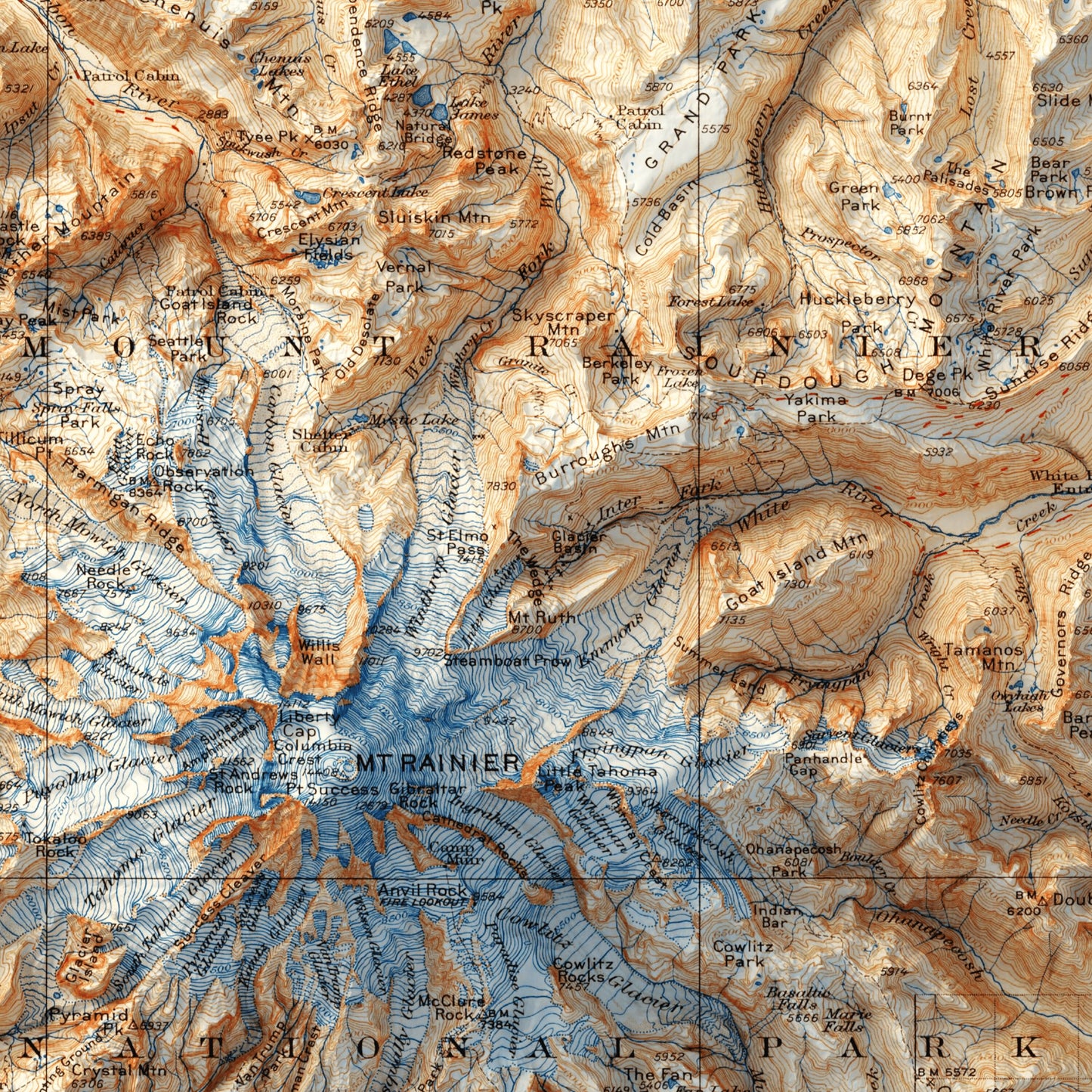 Mount Rainier Topography - Shaded Relief Map (1928)