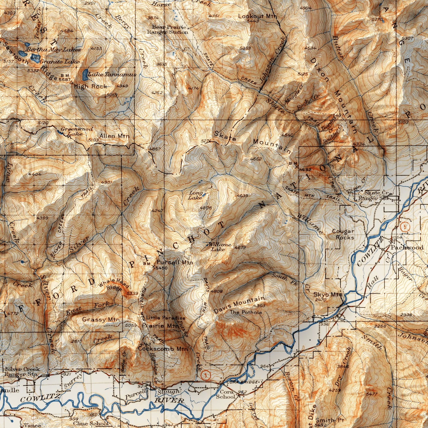 Mount Rainier Topography - Shaded Relief Map (1928)