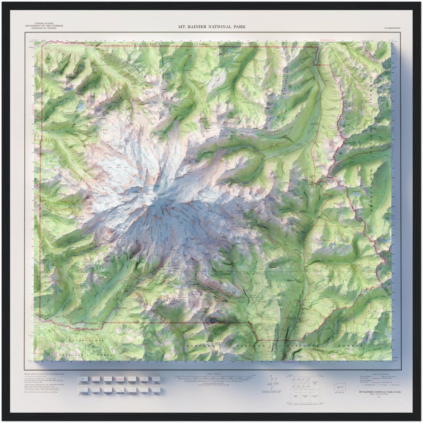 Mount Rainier National Park - Shaded Relief Map (1971)