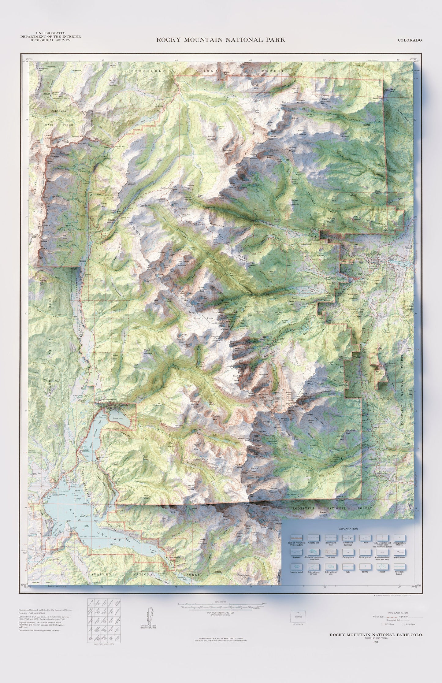 Rocky Mountain National Park - Shaded Relief Map (1974)