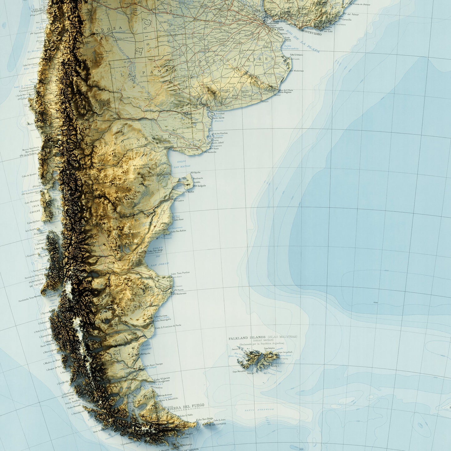 South America Topography - Shaded Relief Map (1942)