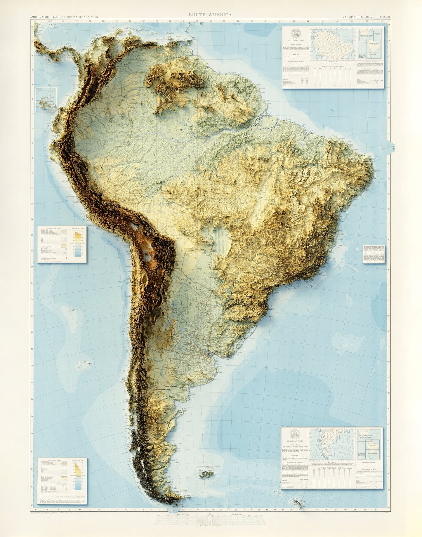 South America Topography - Shaded Relief Map (1942)