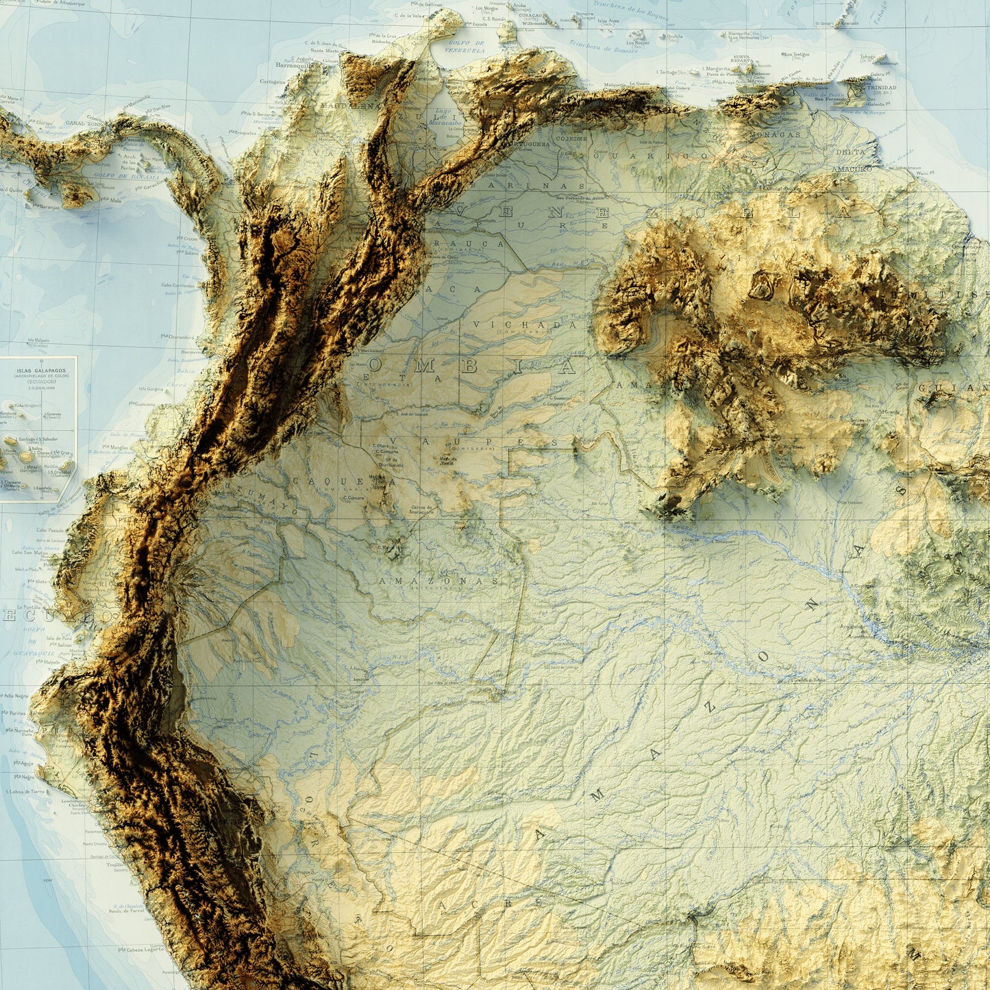 South America Topography - Shaded Relief Map (1942)