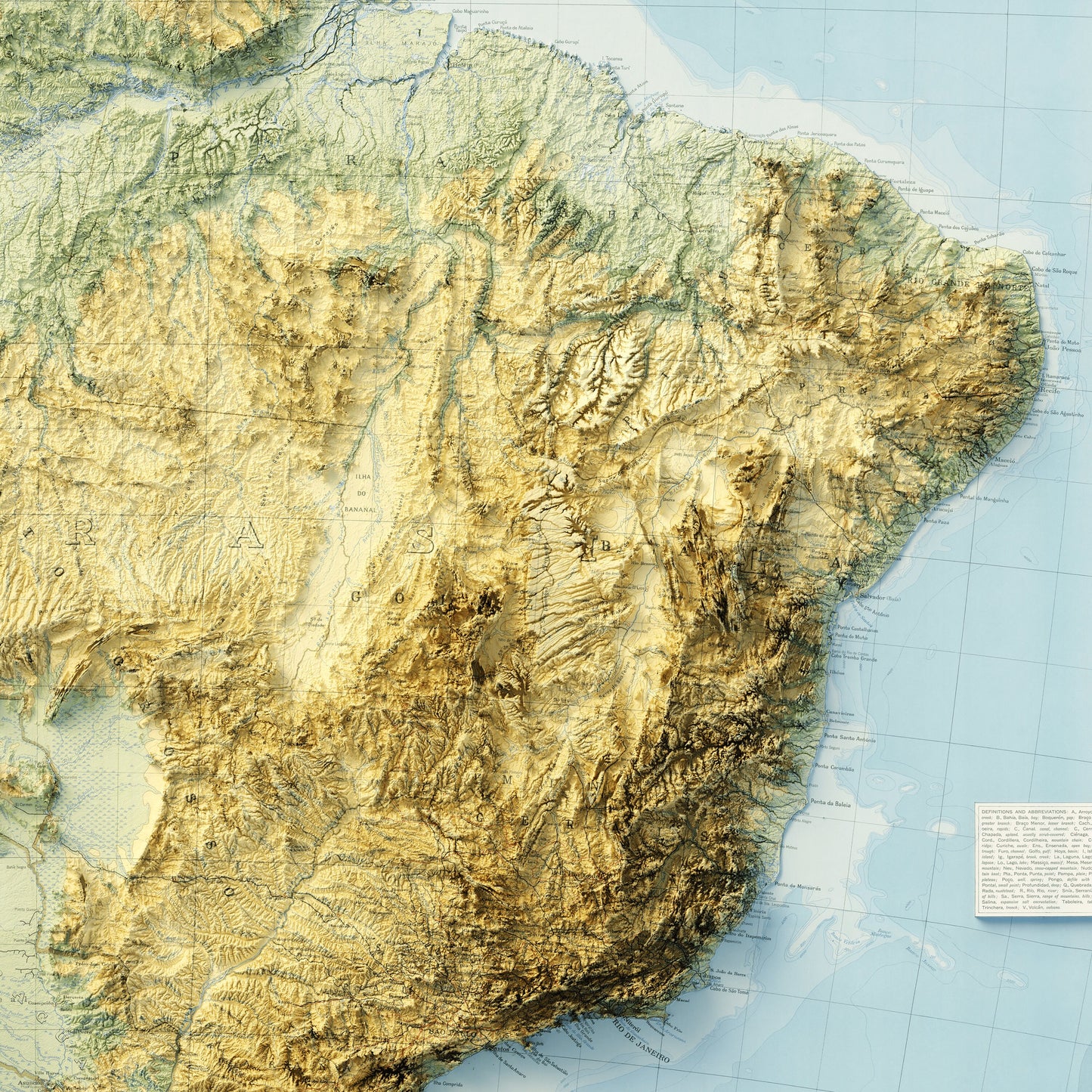 South America Topography - Shaded Relief Map (1942)