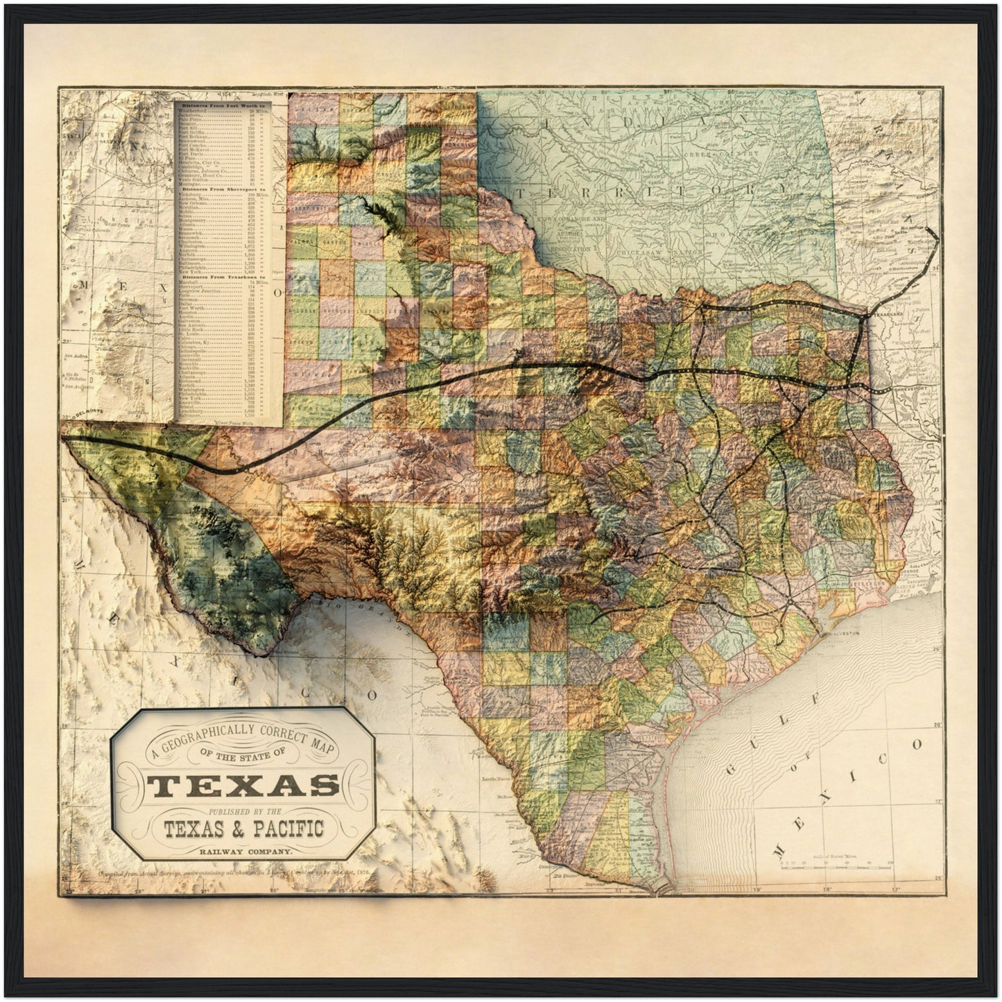 Texas Topography - Shaded Relief Map (1876)